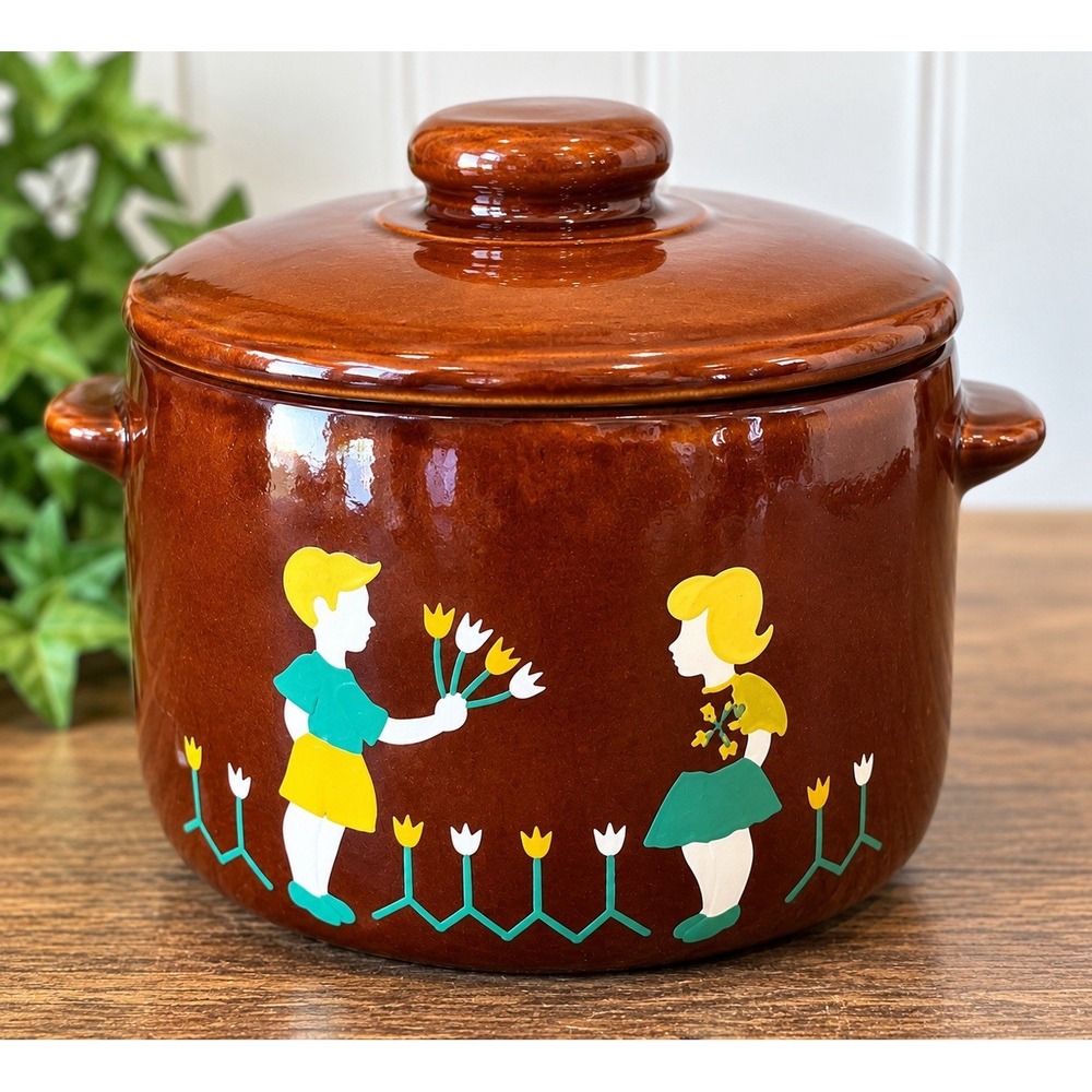 Vintage West Bend Bean Pot Crock w/Lid Boy Girl Tulips Brown Stoneware MCM USA